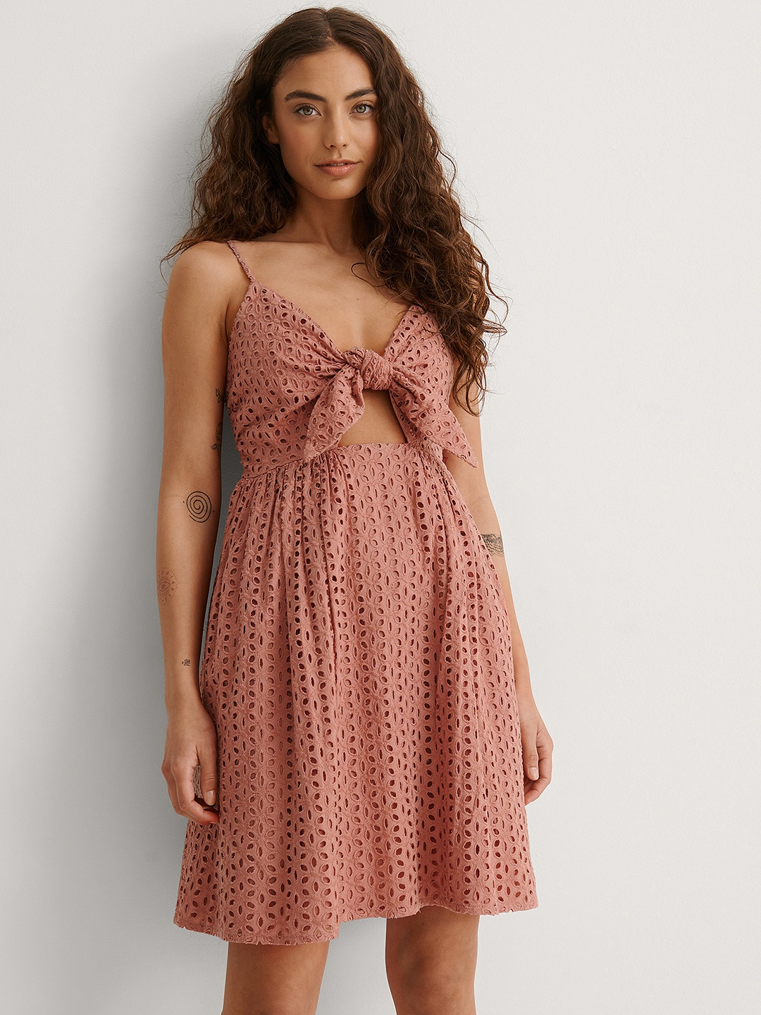 

NA-KD Dusty Pink Schiffli Embroidered Cotton Dress, Rose