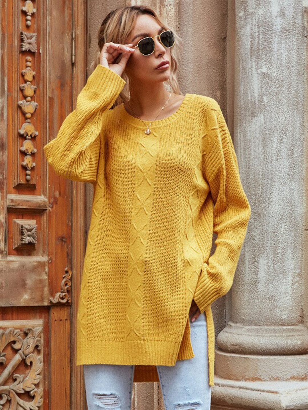 

StyleCast Women Yellow Cable Knit Longline Pullover