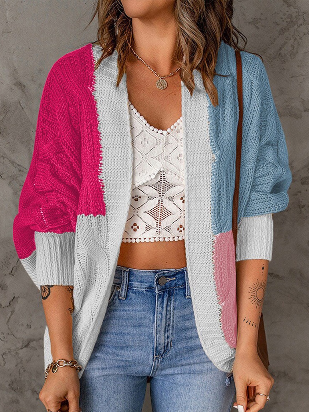 

StyleCast Women Pink & Blue Colourblocked Acrylic Longline Pullover