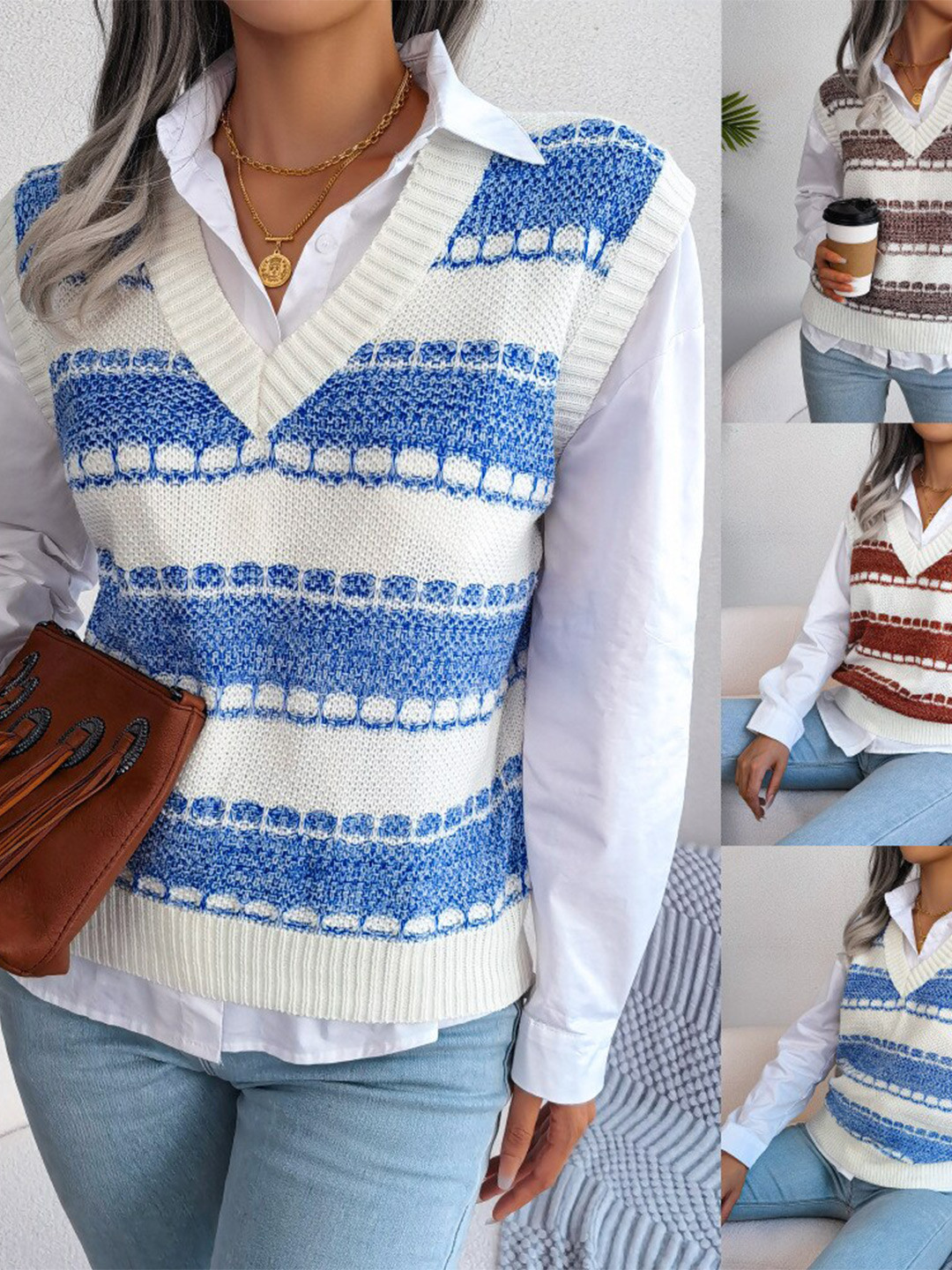 

BoStreet Women Blue & White Checked Sweater Vest