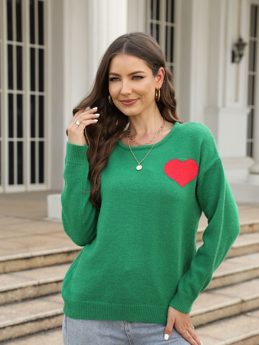 

BoStreet Women Green & Red Long Sleeves Acrylic Pullover