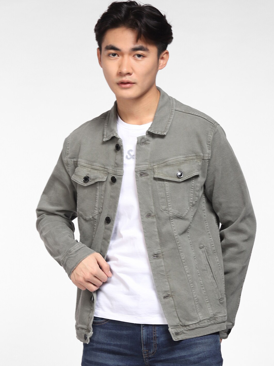 

Jack & Jones Men Grey jji leo field Washed Denim Jacket