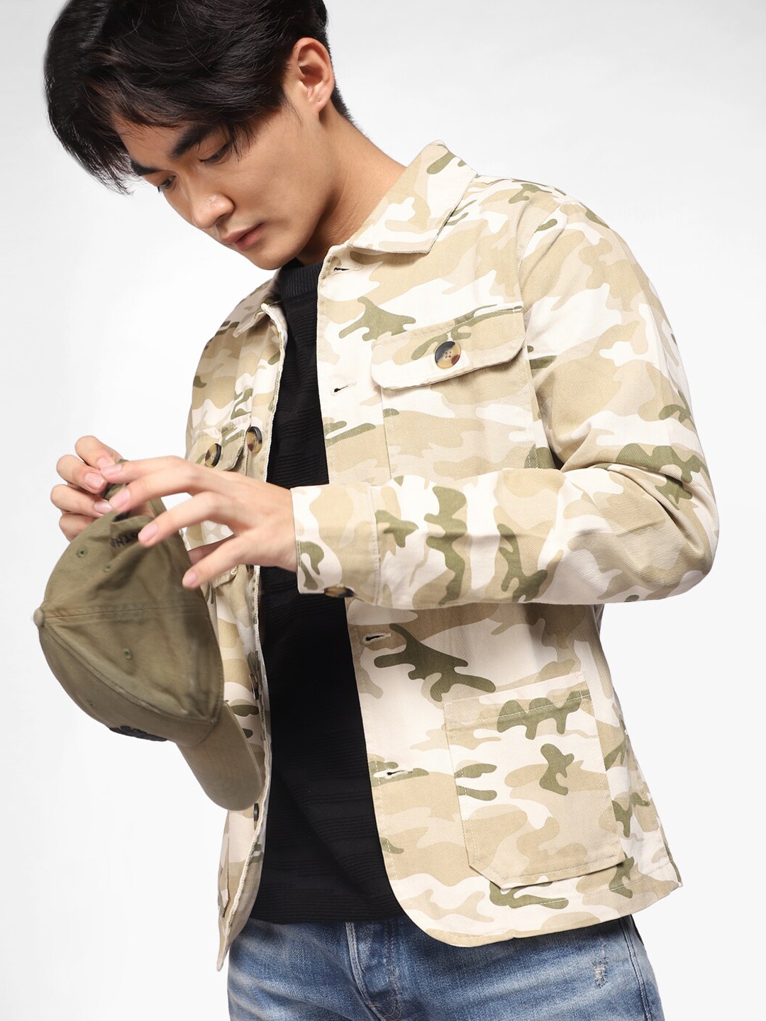 

Jack & Jones Men Beige White Camouflage Tailored Jacket