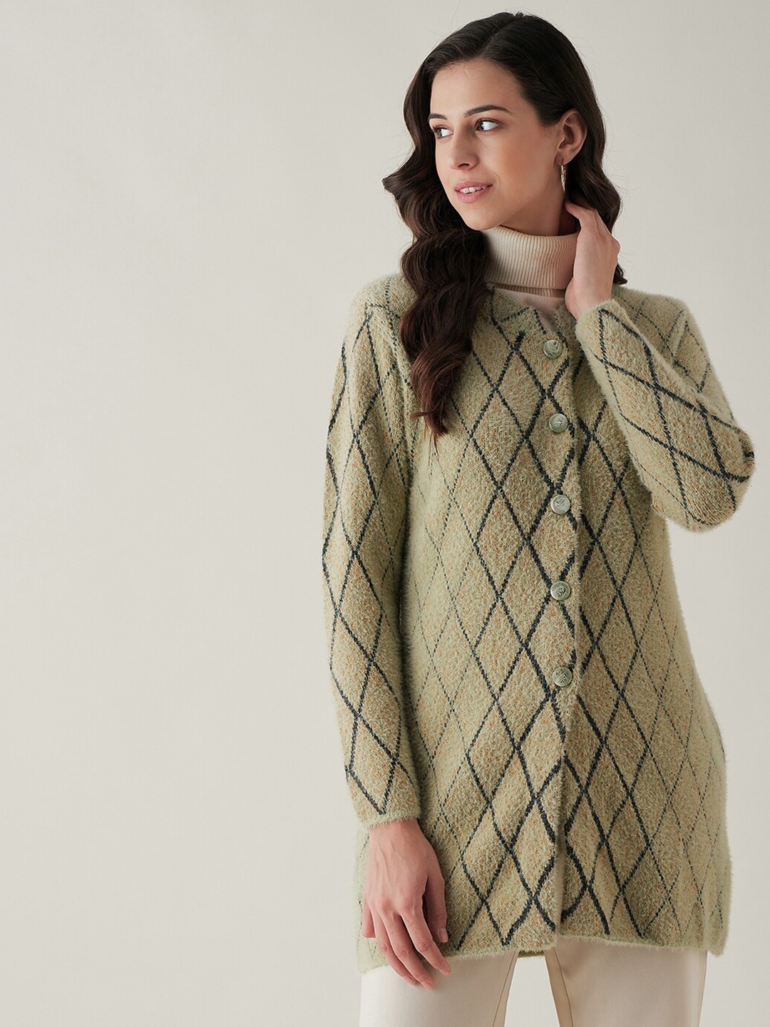 

RIVZA Women Green & Blue Checked Cardigan