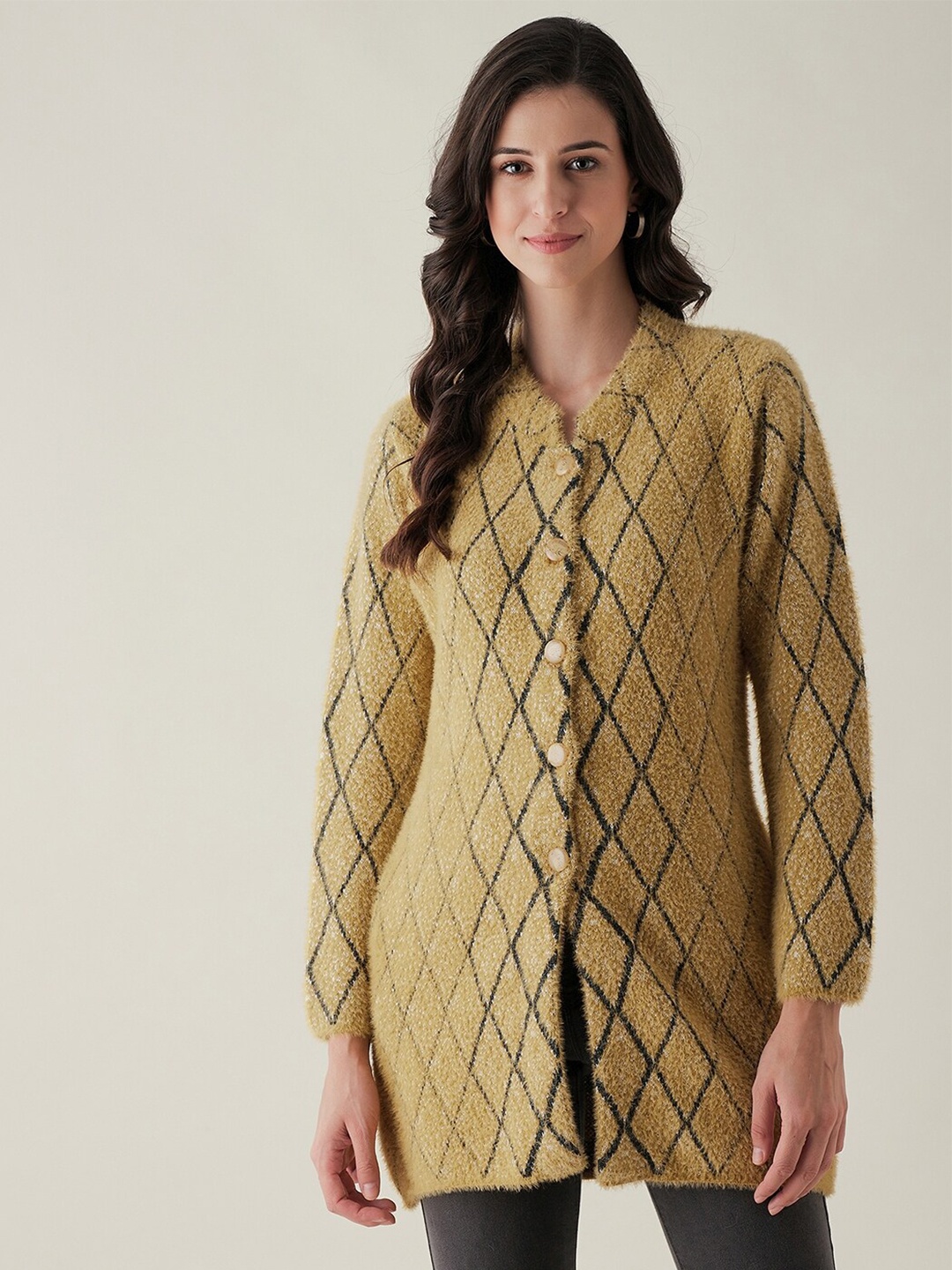 

RIVZA Women Mustard Checked Checked Cardigan