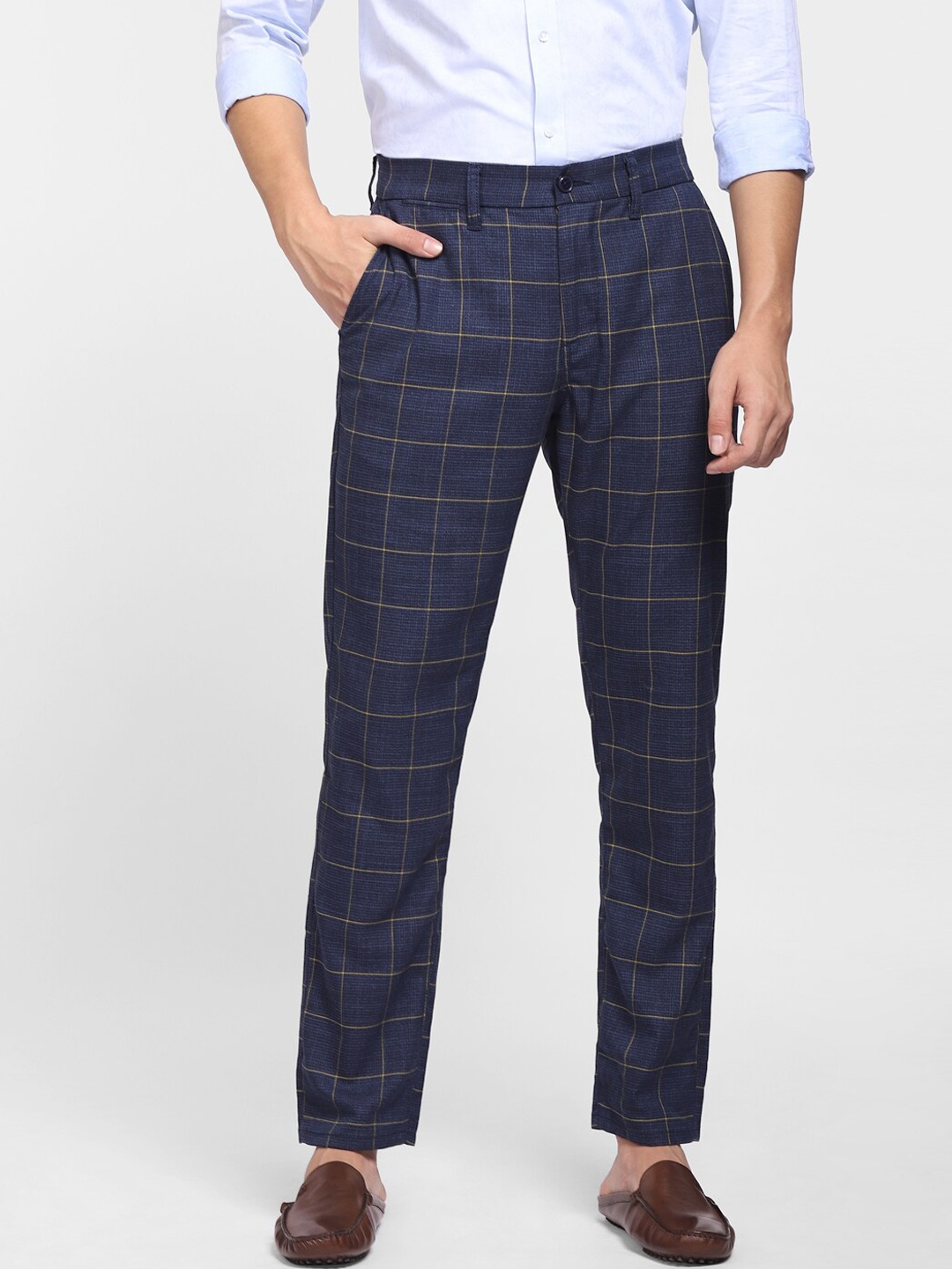 

Jack & Jones Men Navy Blue Cotton Checked Trousers