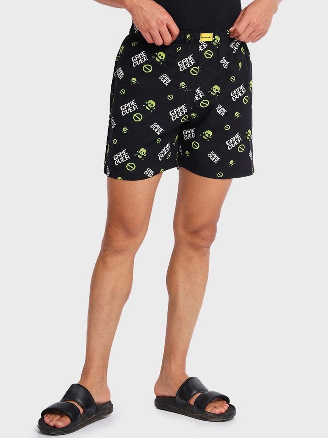 

Bewakoof Men Black & Fluorescent Green Printed Pure Cotton Boxers