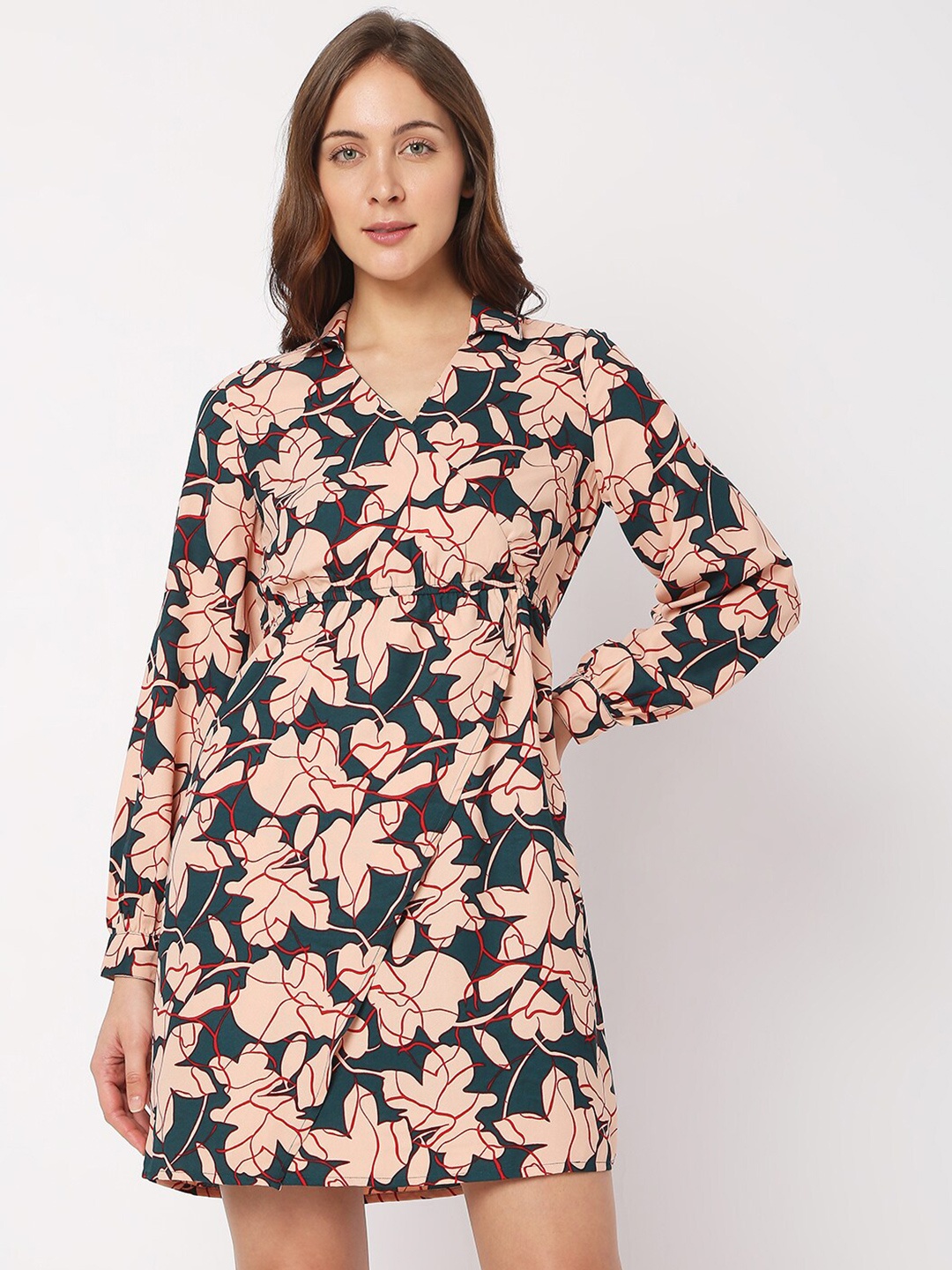 

Vero Moda Women Beige & Green Floral Shirt Dress