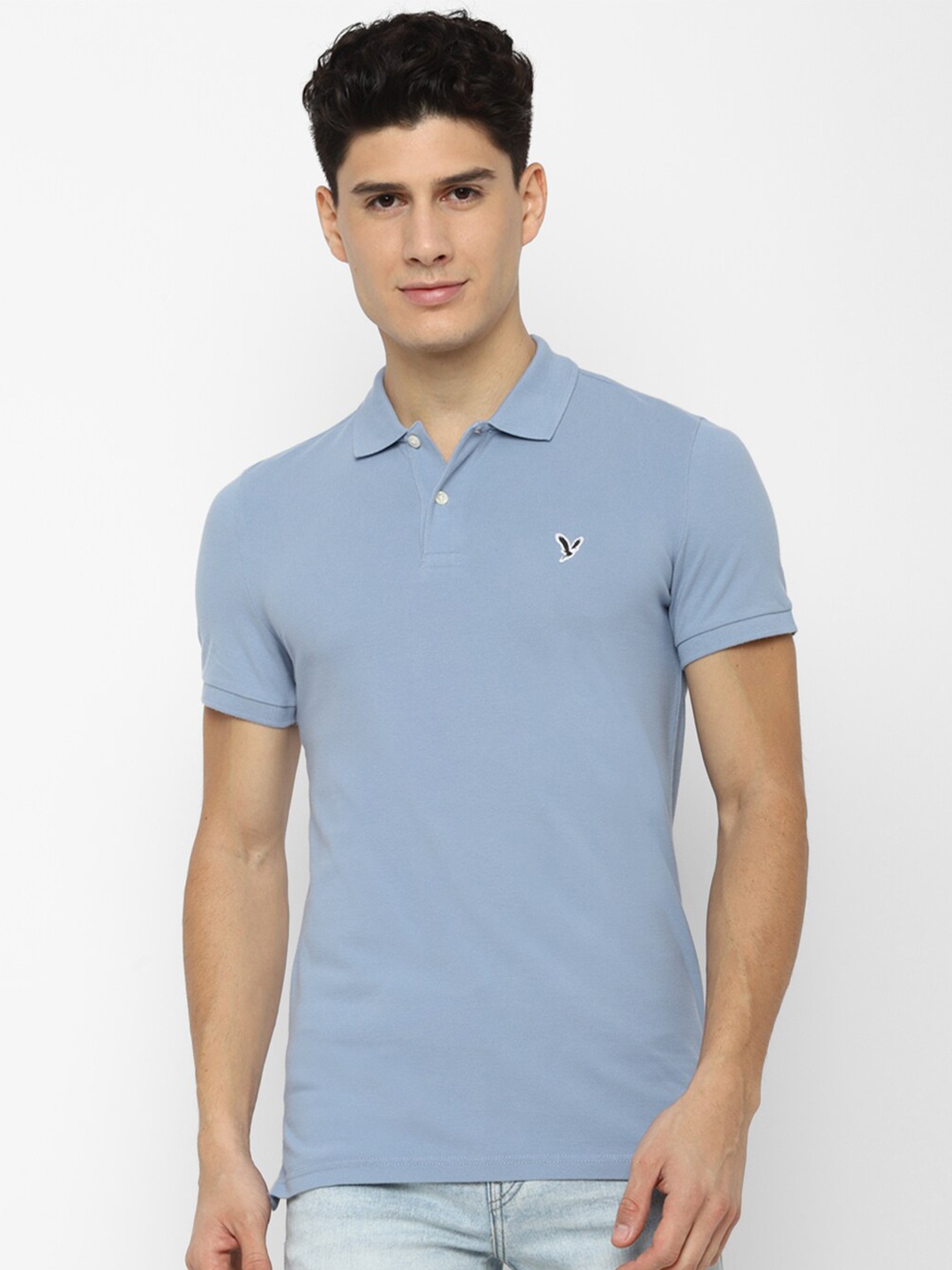 

AMERICAN EAGLE OUTFITTERS Men Blue Polo Collar Applique Slim Fit T-shirt