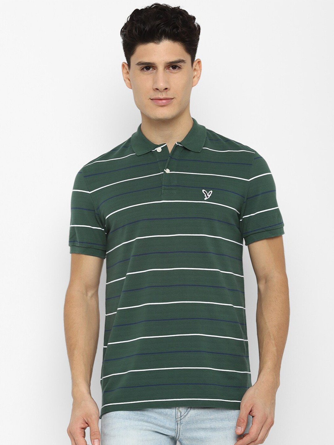 

AMERICAN EAGLE OUTFITTERS Men Green Striped Polo Collar T-shirt