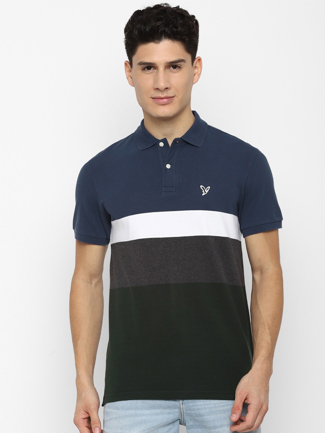 

AMERICAN EAGLE OUTFITTERS Men Blue & Olive Green Colourblocked Polo Collar T-shirt