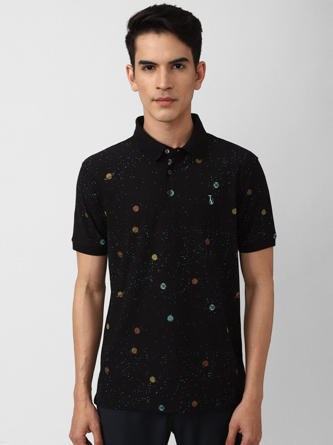 

SIMON CARTER LONDON Men Black Printed Polo Collar Slim Fit T-shirt