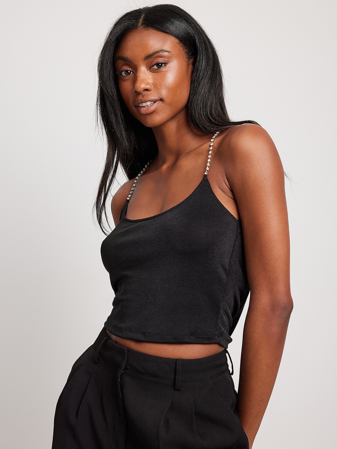 

NA-KD Women Black Solid Rhinestone Strap Crop Top