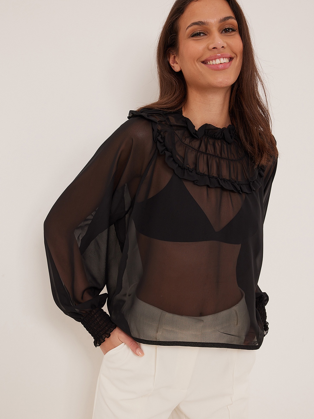 

NA-KD Black Tie-Up Neck Chiffon Sheer Top