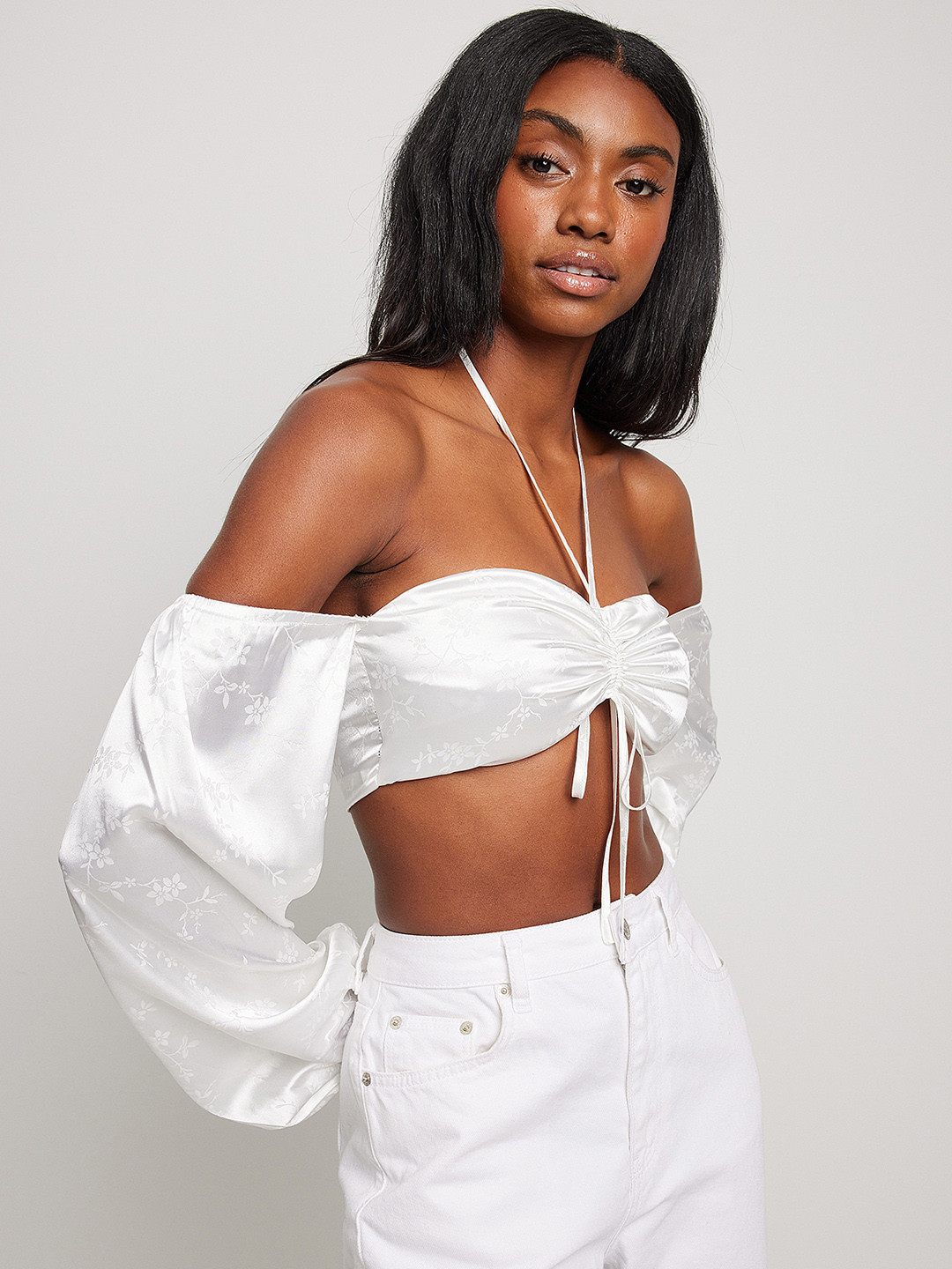 

NA-KD White Floral Print Off-Shoulder Bardot Crop Satin Top