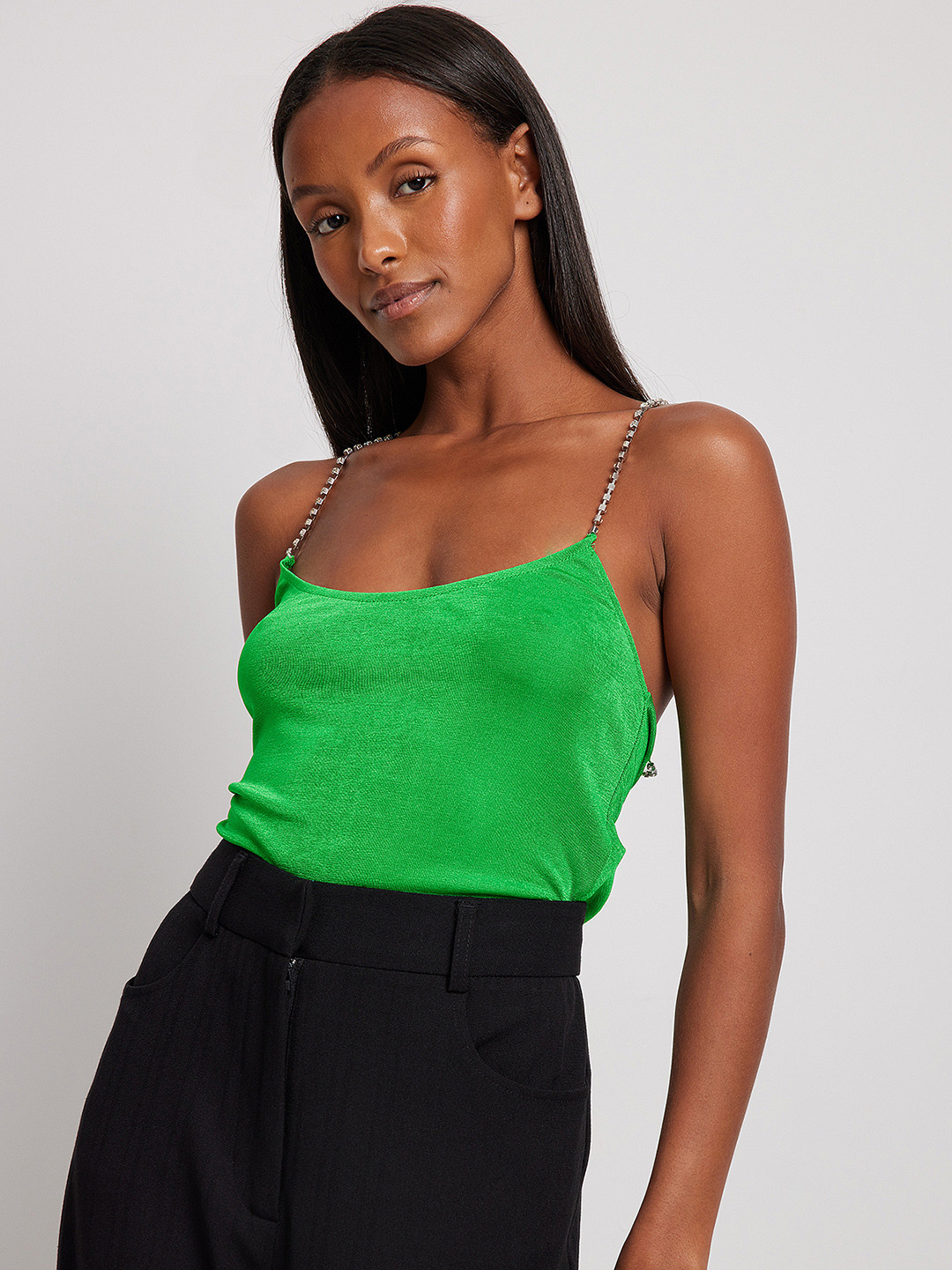 

NA-KD Women Green Solid Rhinestone Strap Top