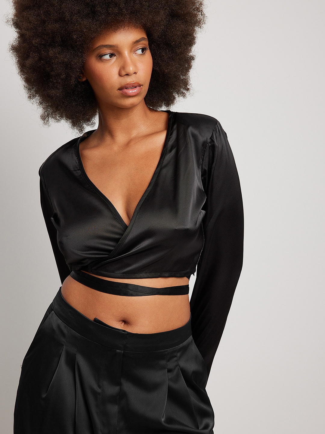 

NA-KD Black Satin Wrap Crop Top