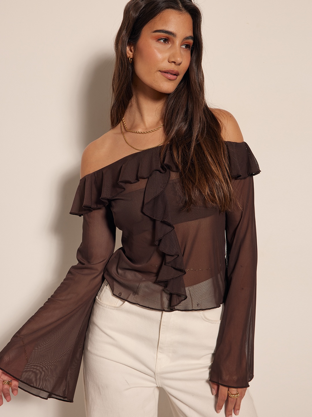 

NA-KD Brown Frilled Off-Shoulder Bardot Sheer Top