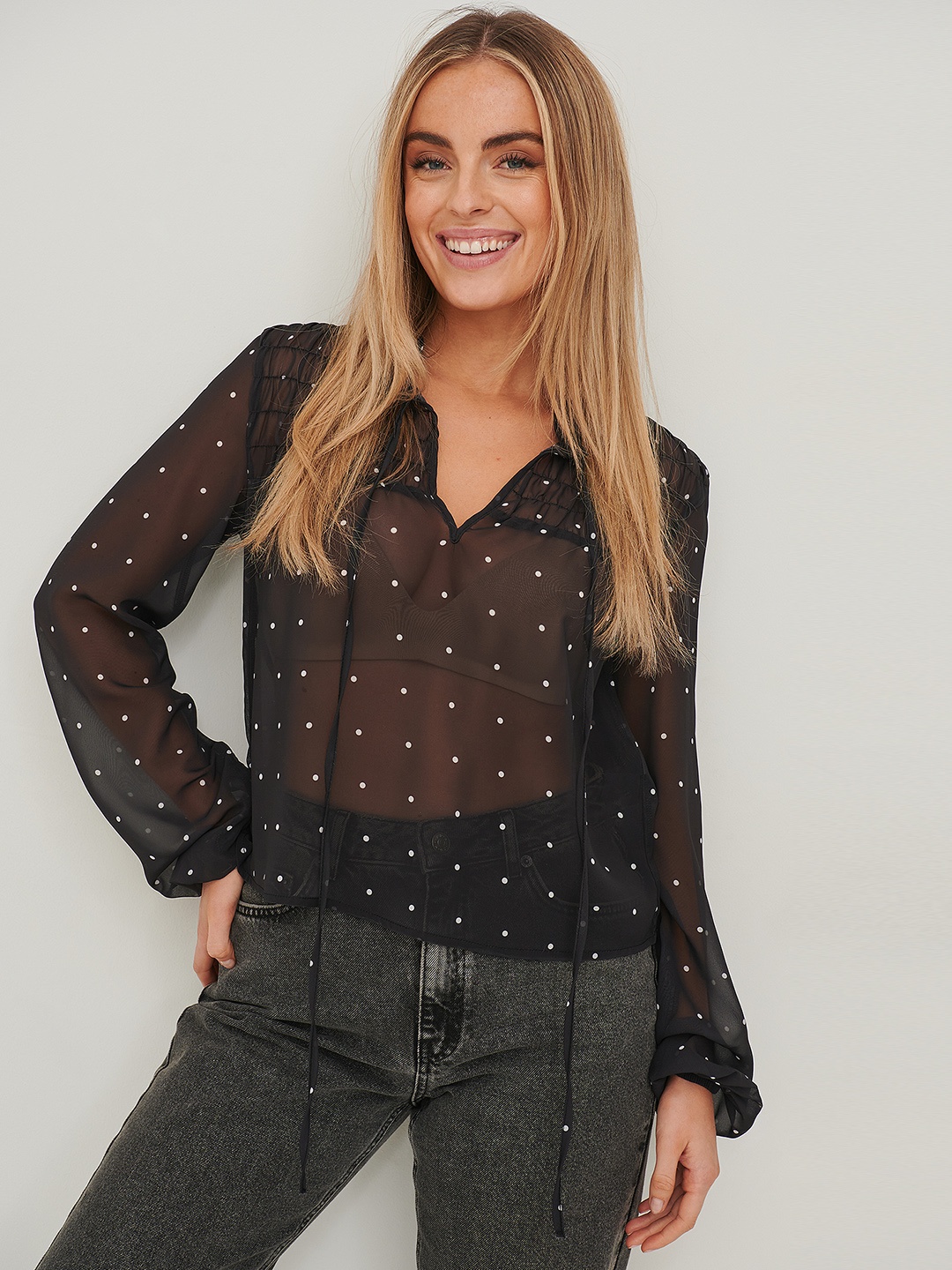 

NA-KD Black & White Print Tie-Up Neck Chiffon Top