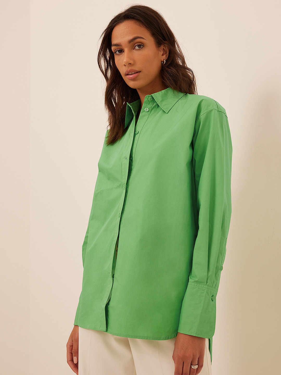 

NA-KD Women Green Pure Cotton Casual Oversized Shirt