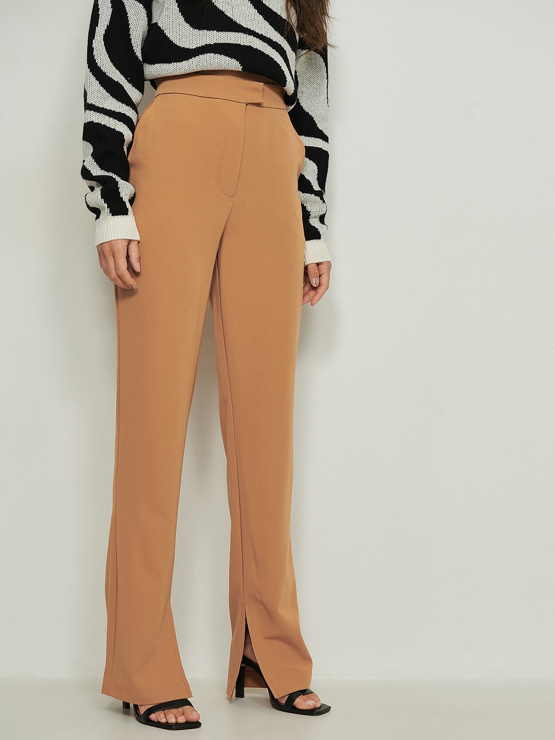 

NA-KD Women Camel Brown Side Slit Straight Fit High-Rise Trousers