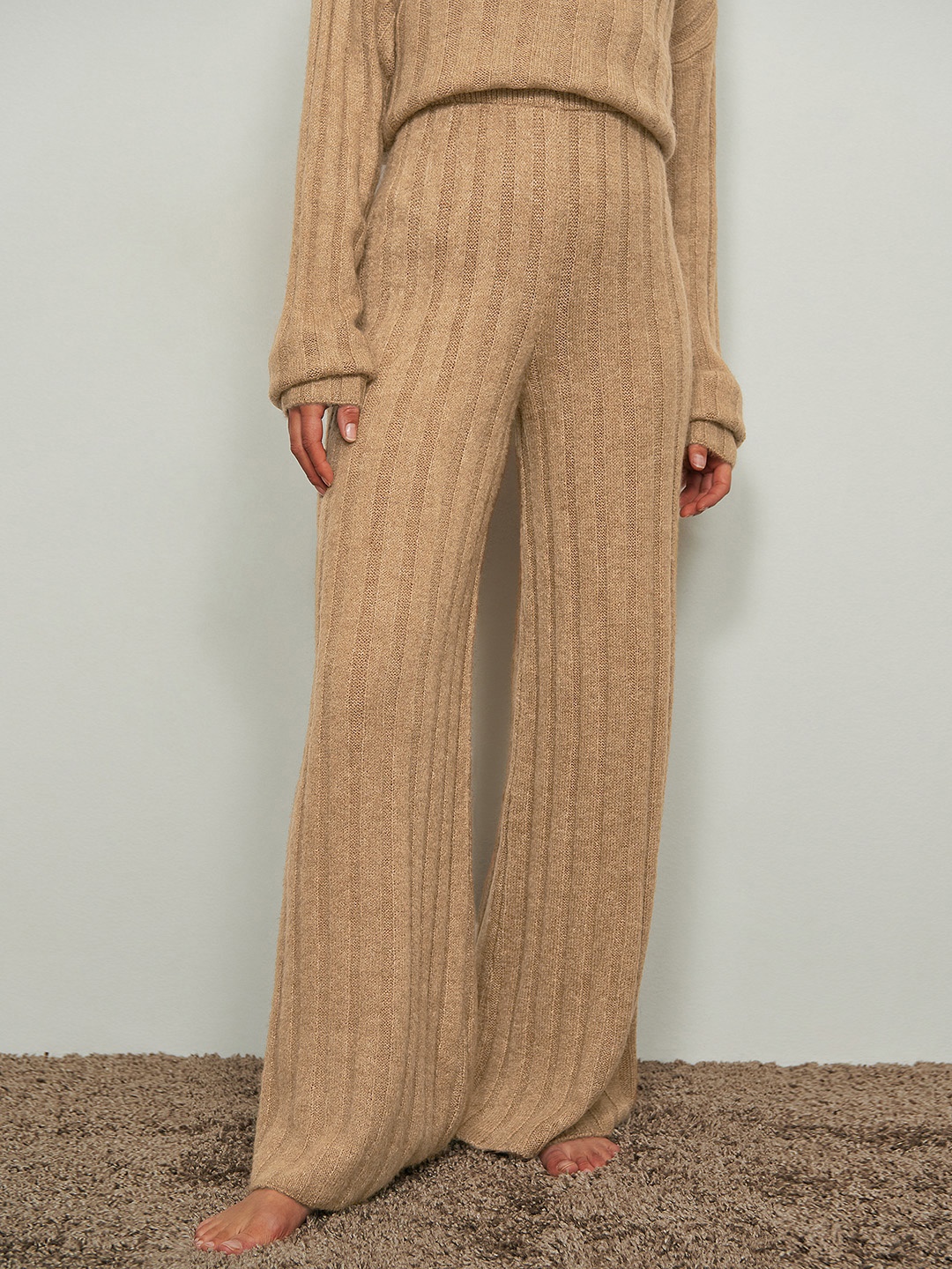 

NA-KD Women Beige Self Striped Ribbed Flared High-Rise Trousers