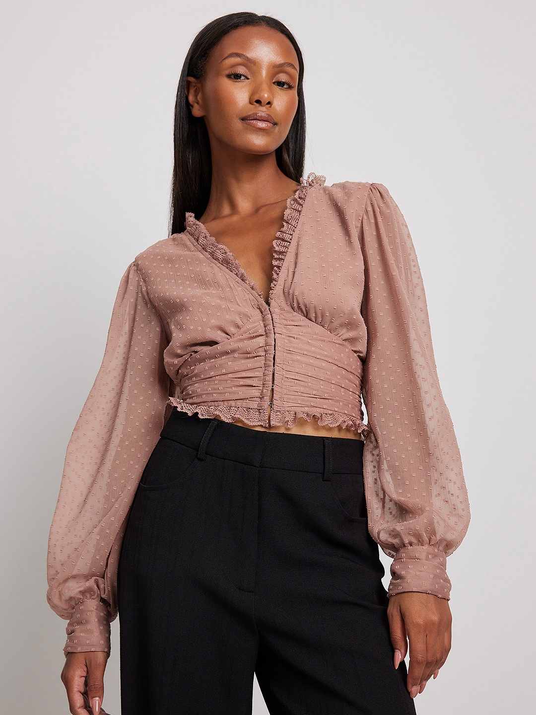 

NA-KD Dusty Rose Pink Dobby Weave Ruched Crop Top