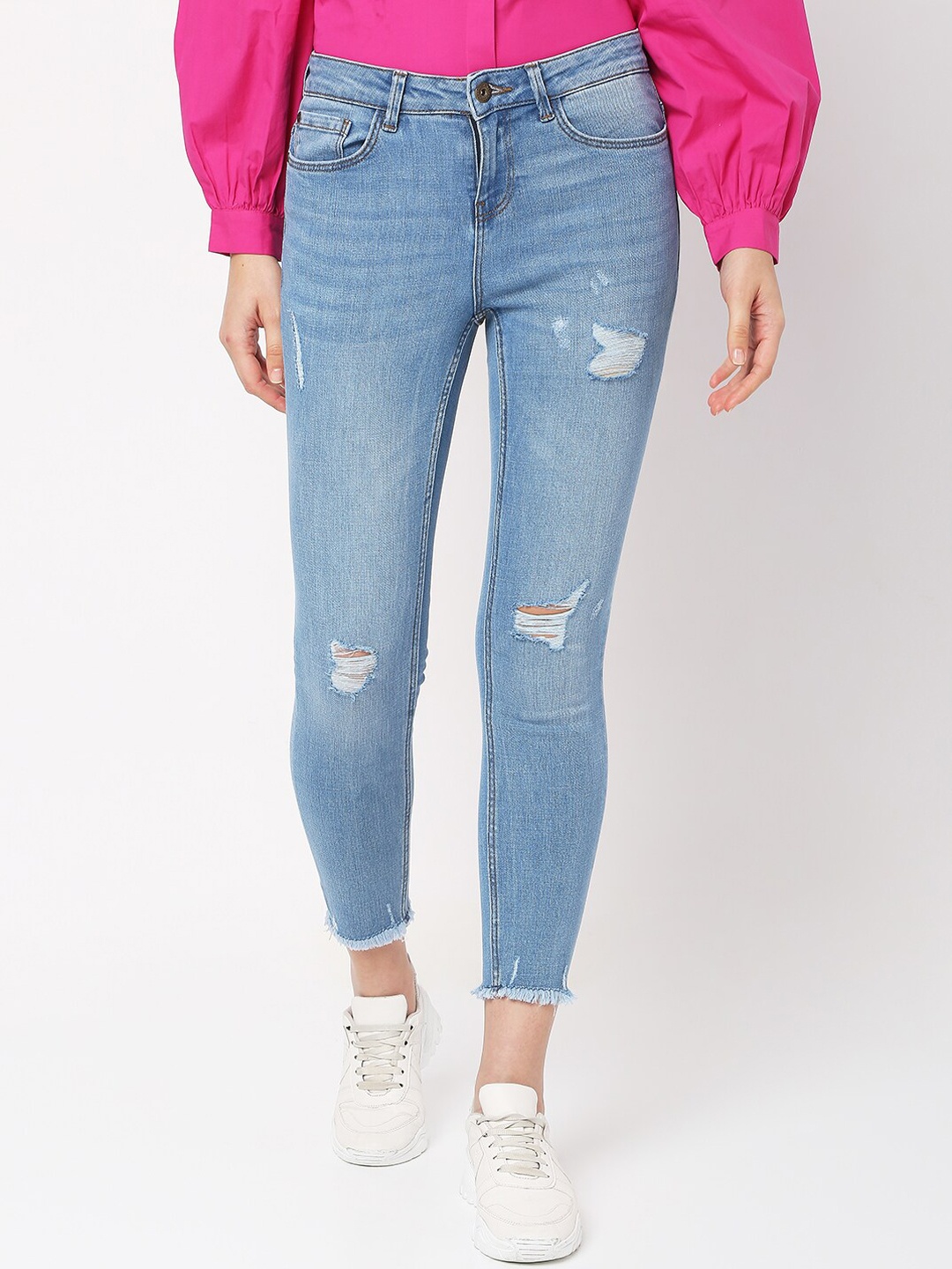

Vero Moda Women Blue Solid Skinny Fit Cotton Mildly Distressed Light Fade Jeans