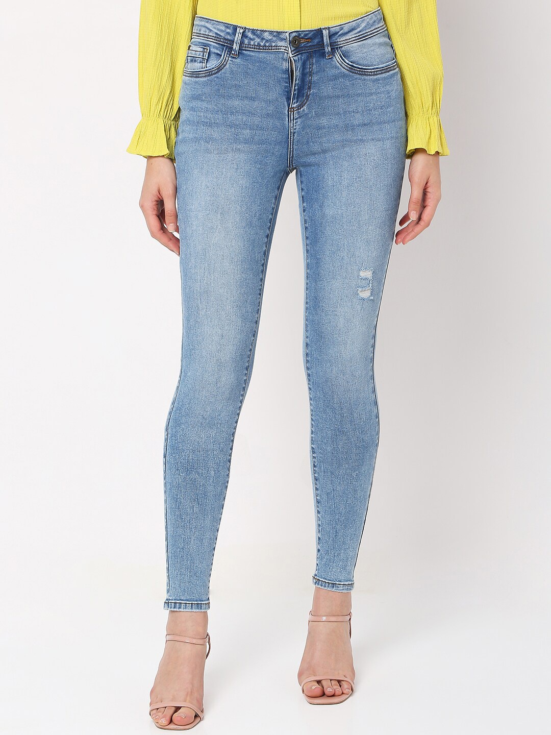 

Vero Moda Women Blue Skinny Fit Low Distress Heavy Fade Cotton Jeans