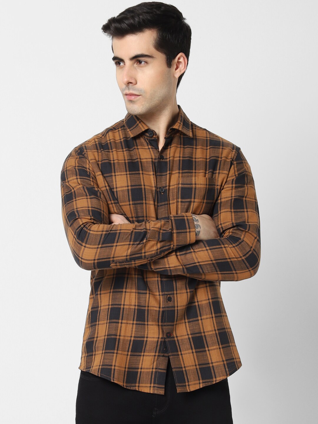

VASTRADO Men Brown Tartan Checked Casual Shirt
