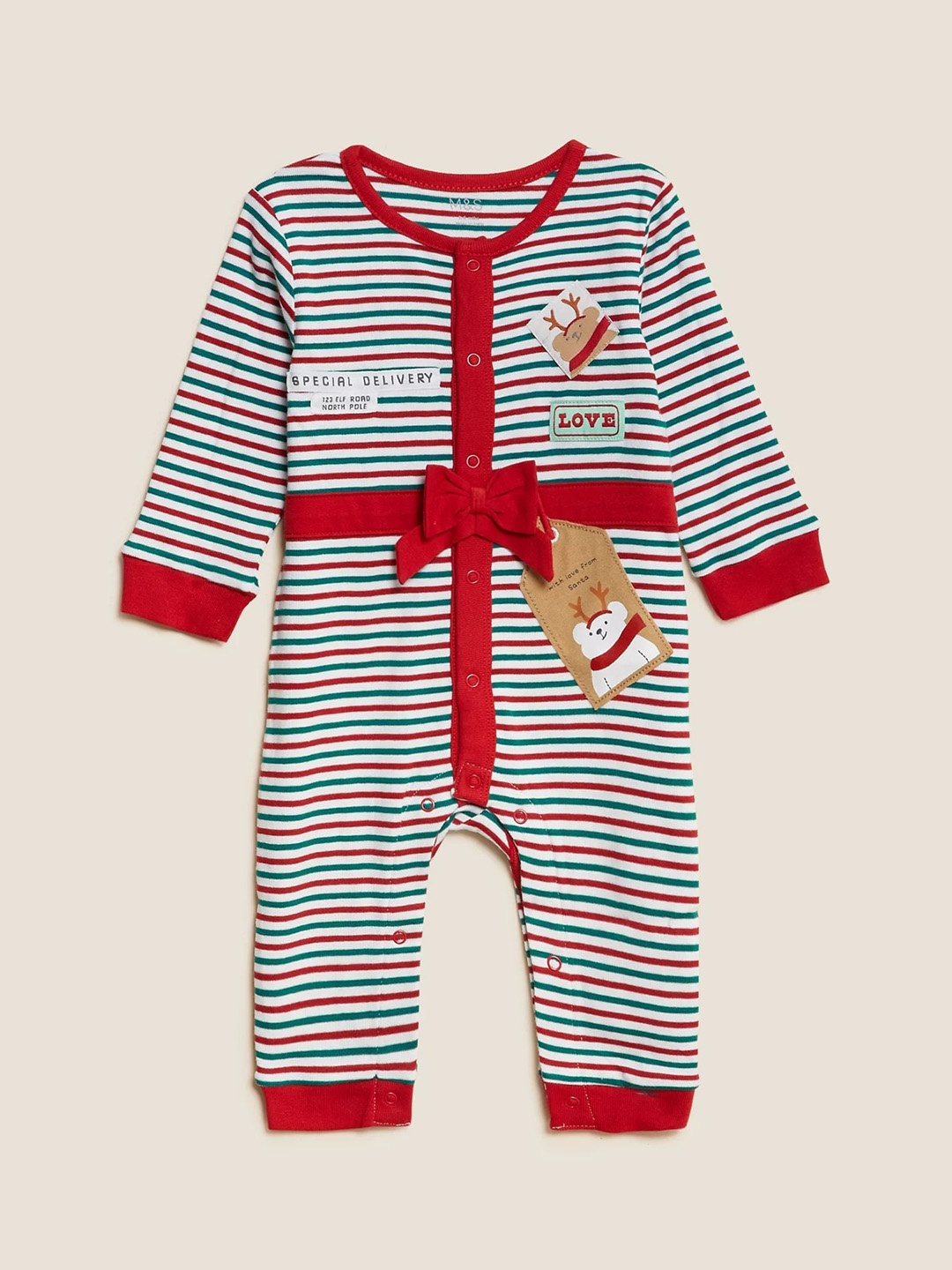 

Marks & Spencer Kids Green & Red Striped Christmas Pure Cotton Sleepsuit