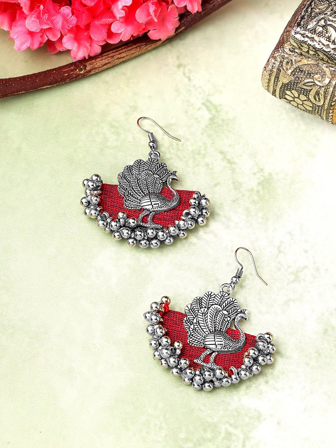 

Yellow Chimes Maroon Peacock Design Fabric Chandbali Earrings