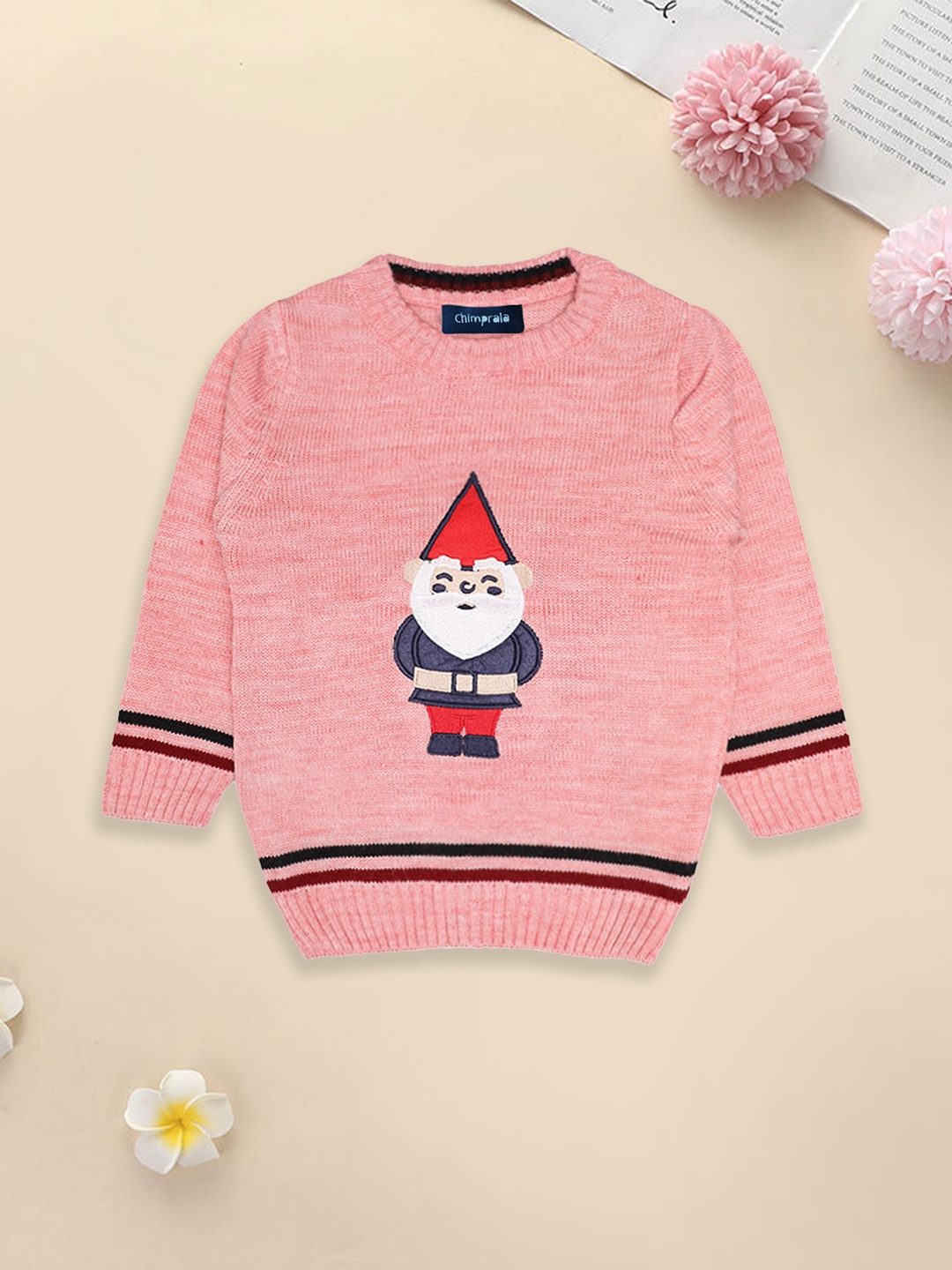 

CHIMPRALA Boys Peach-Coloured & Black Printed Woolen Pullover