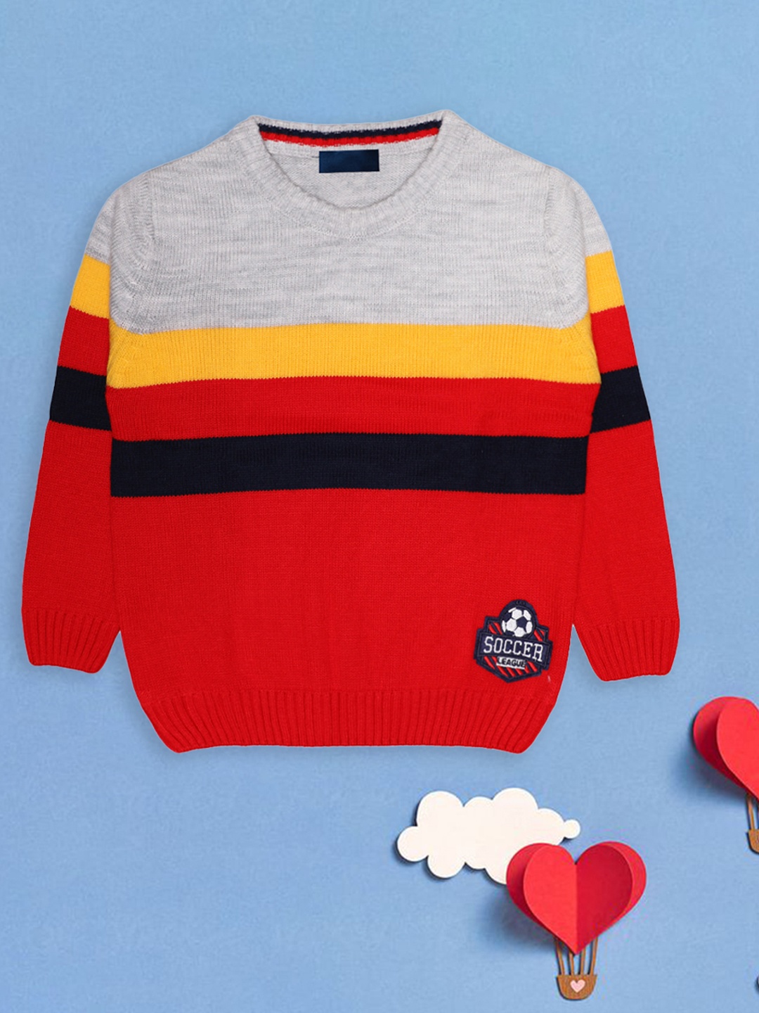 

CHIMPRALA Boys Grey & Red Colourblocked Striped Pullover