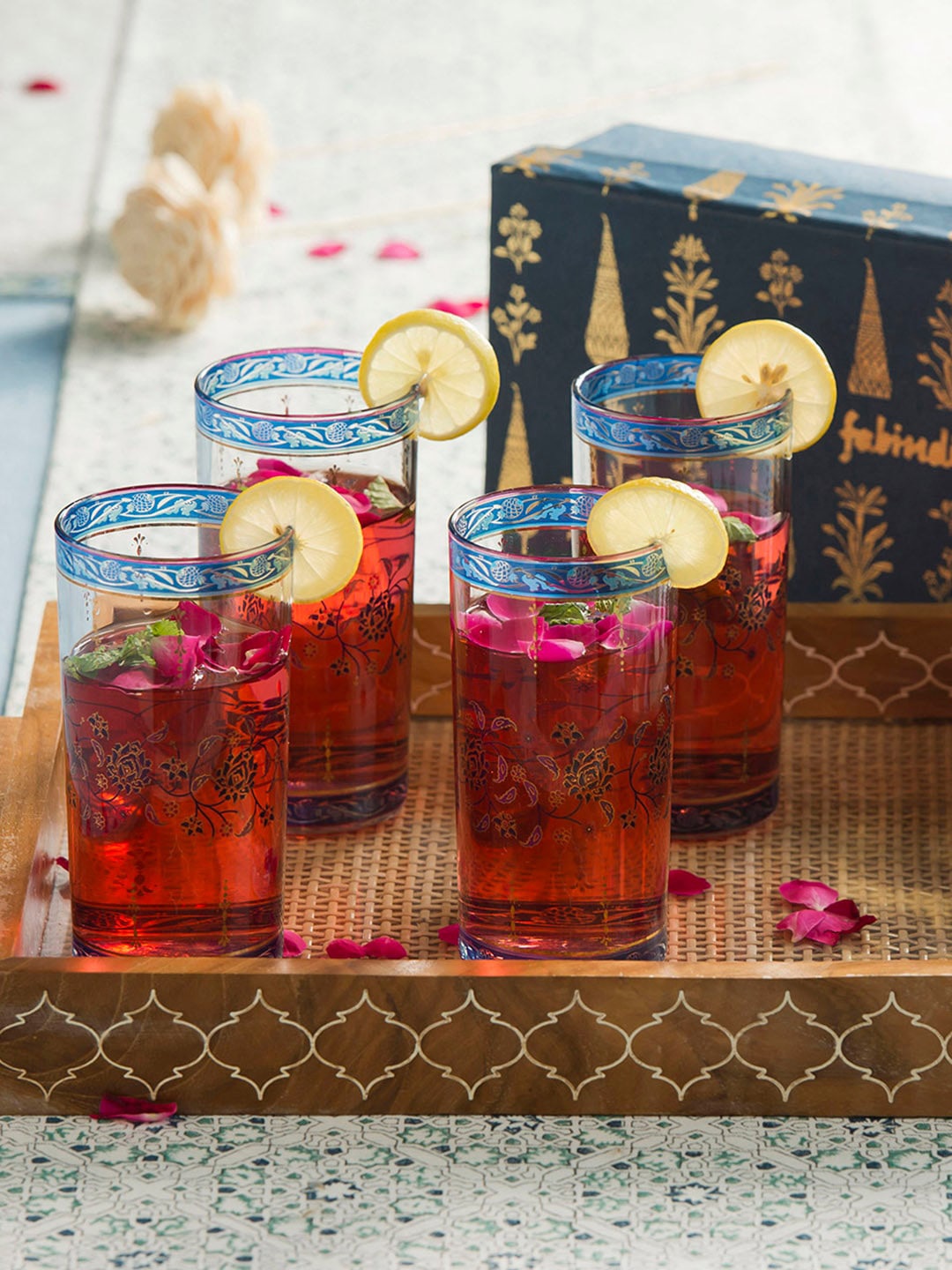 

Fabindia Set of 4 Transparent & Blue Printed Glasses Home Gift Sets