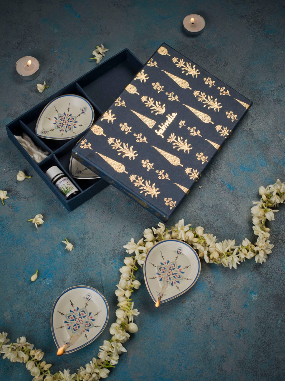 

Fabindia Cream-Coloured & Blue Printed Diya Home Gift Set