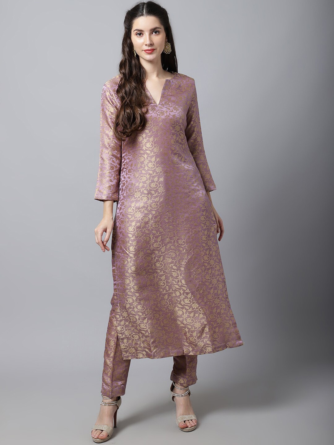 

anokherang Women Lavender Floral Kurta with Trousers