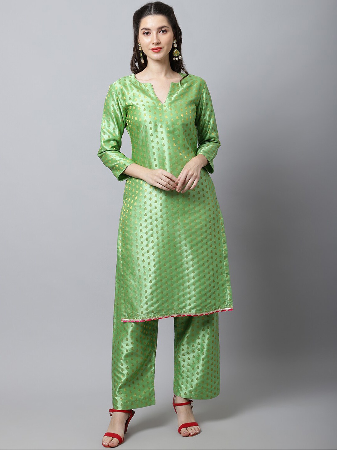

anokherang Women Green Woven Design Straight Kurta with Palazzos
