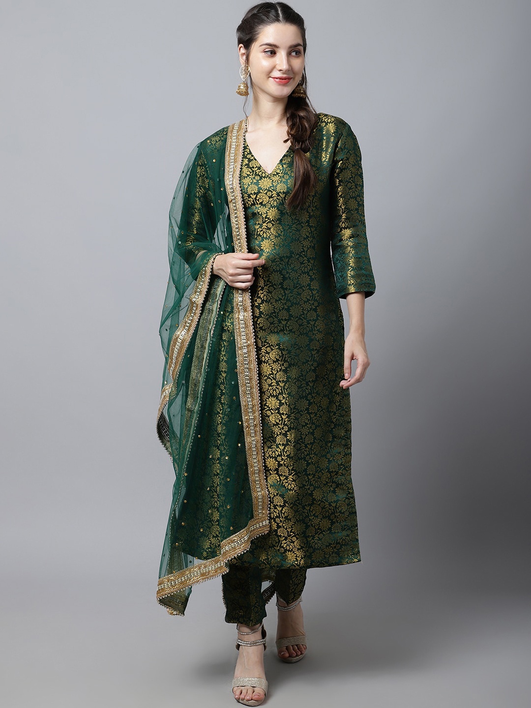 

anokherang Women Green Woven Design Kurta with Trouser & Dupatta