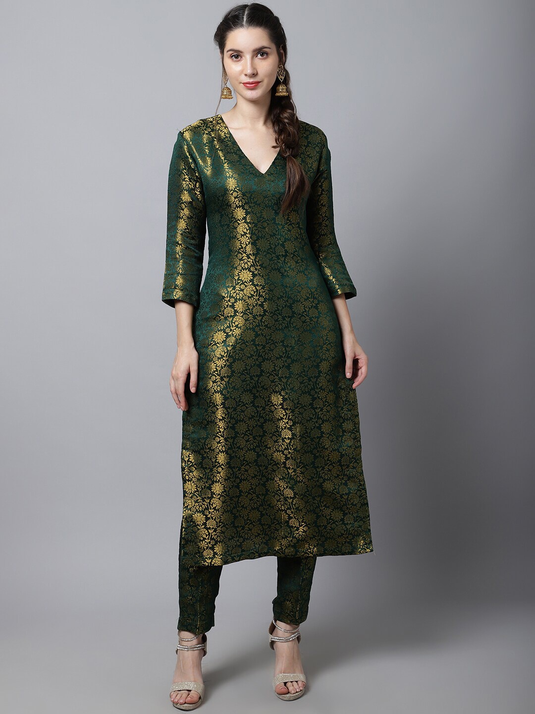 

anokherang Women Green Floral Kurta with Trousers