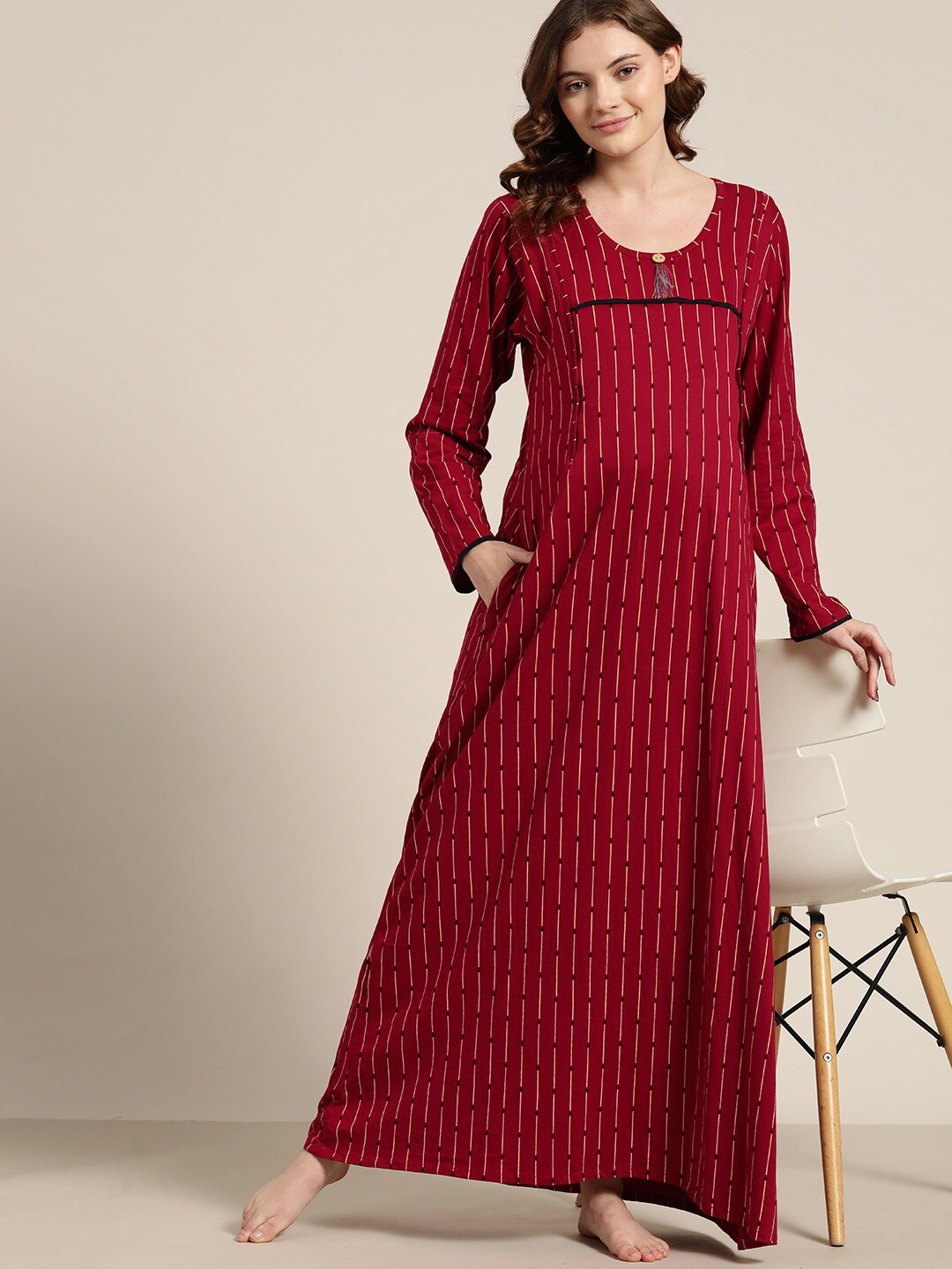 

Sweet Dreams Women Maroon Striped Cotton Maxi Nightdress