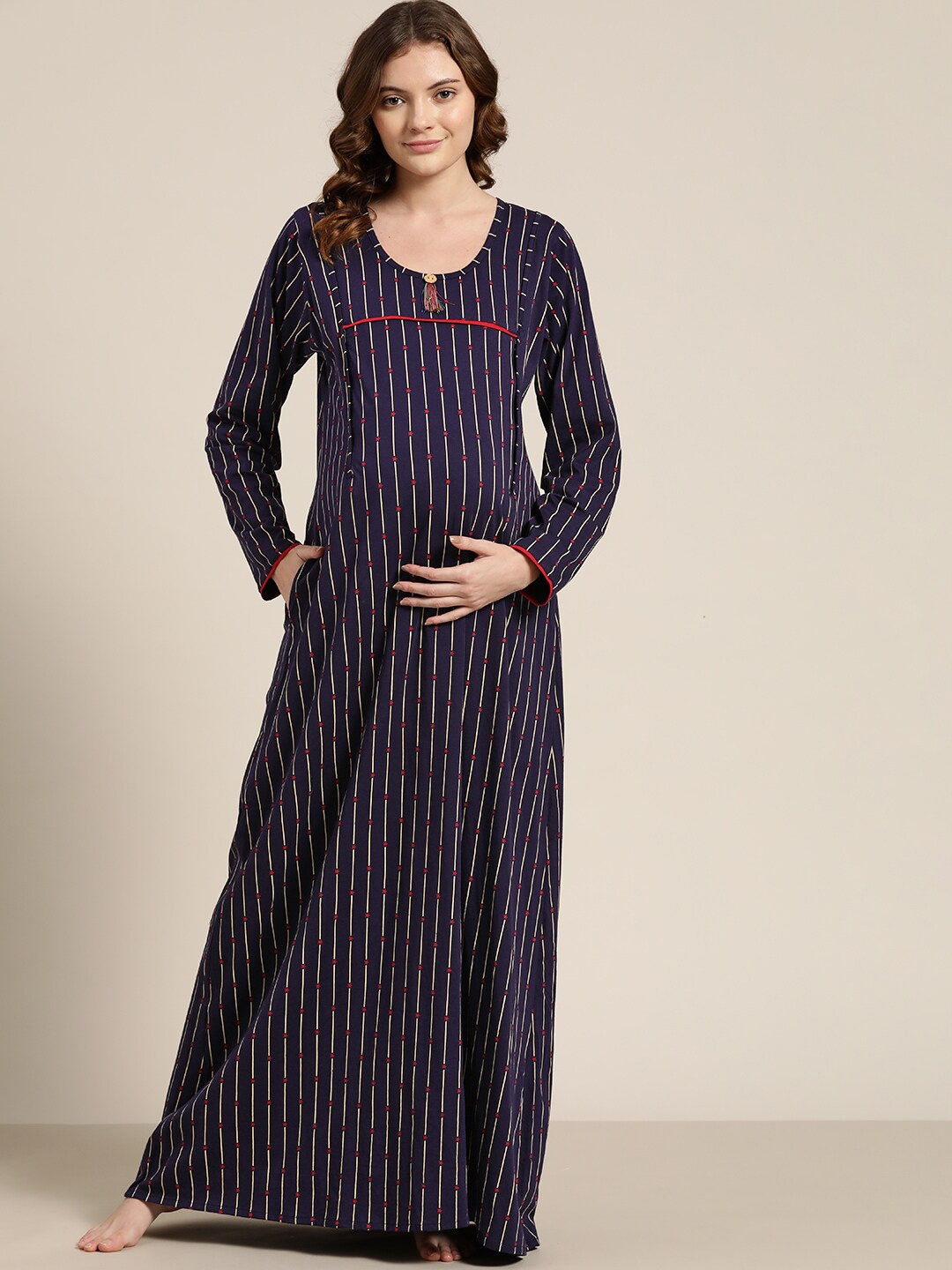 

Sweet Dreams Women Navy Blue Striped Maternity Maxi Nightdress