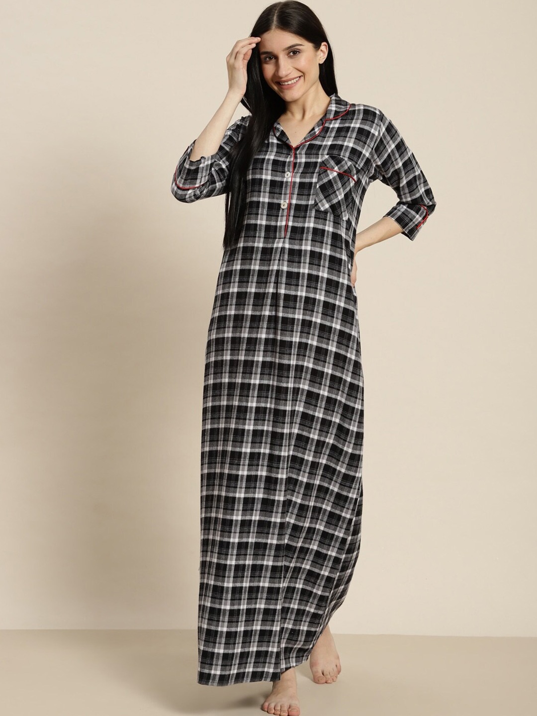 

Sweet Dreams Women Black Checked Maxi Nightdress