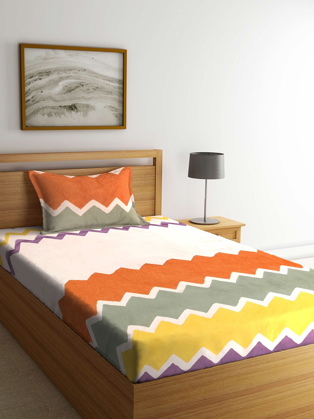 

Arrabi White & Yellow Striped 300 TC Single Bedsheet with 1 Pillow Covers