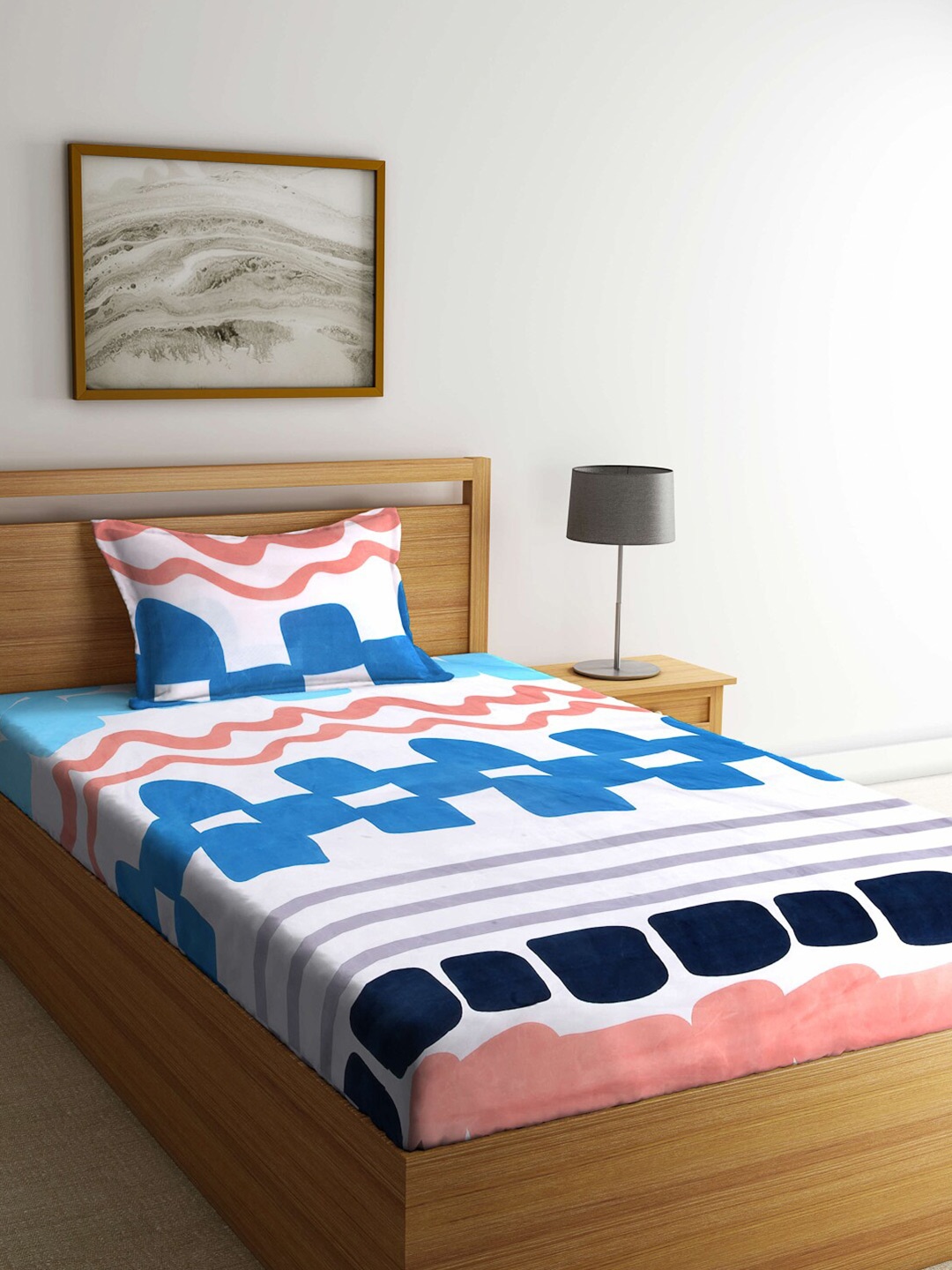

Arrabi White & Blue Geometric Printed 300 TC Single Bedsheet with 1 Pillow Cover