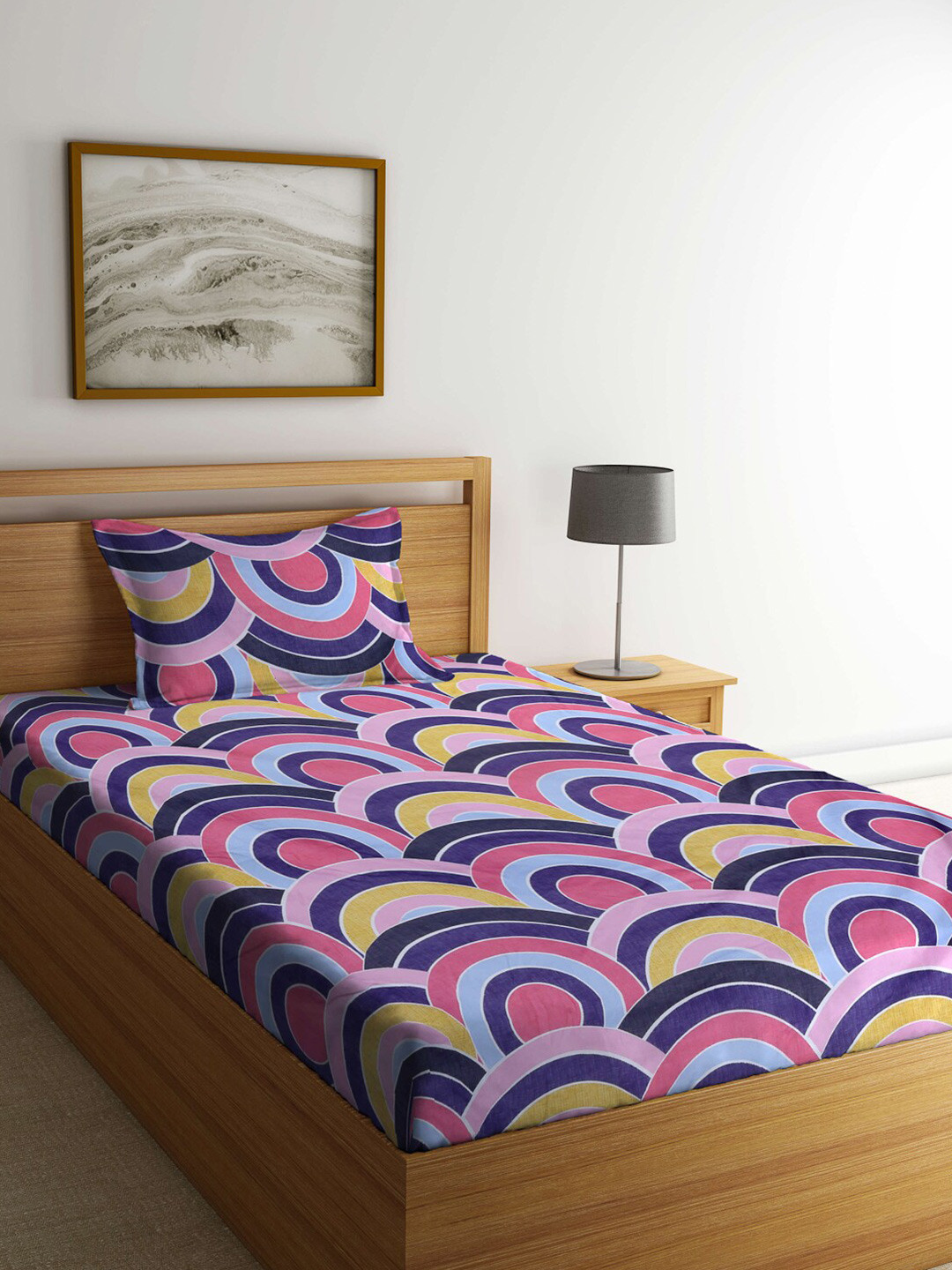 

Arrabi Pink & Yellow Geometric 300 TC Single Bedsheet with 1 Pillow Cover