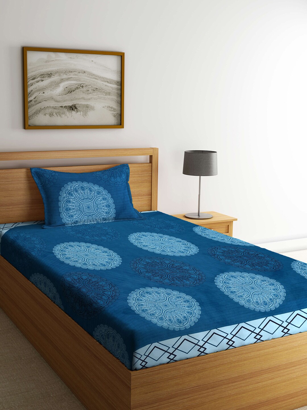 

Arrabi Blue & White Ethnic Motifs 300 TC Single Bedsheet with 1 Pillow Covers