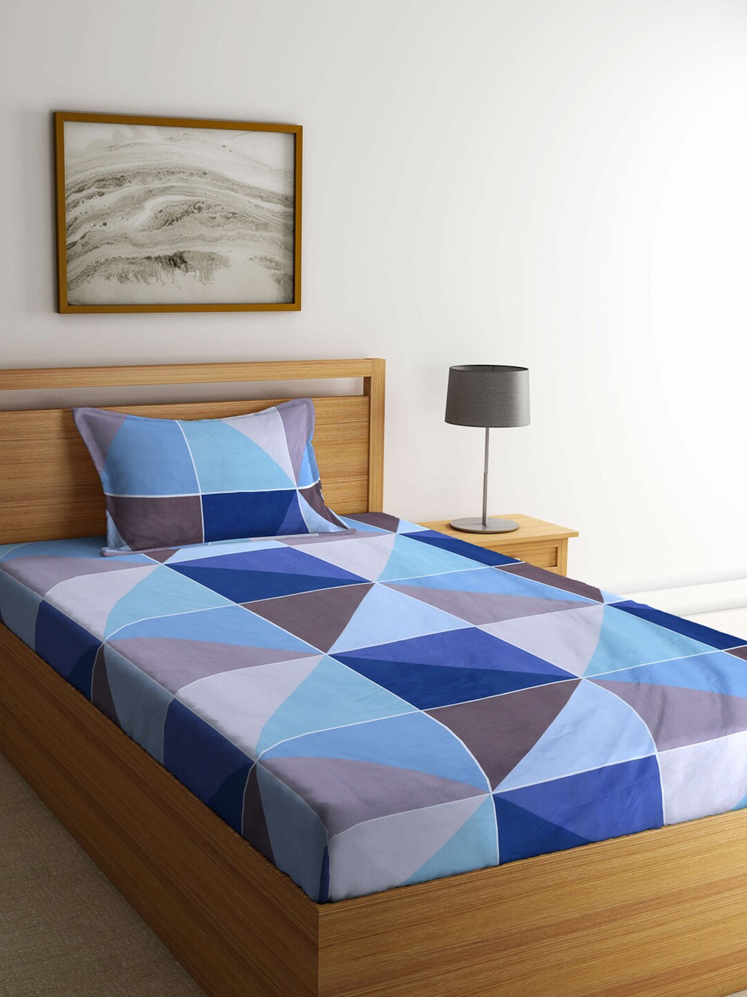 

Arrabi Blue & White Geometric 300 TC Single Bedsheet with 1 Pillow Covers