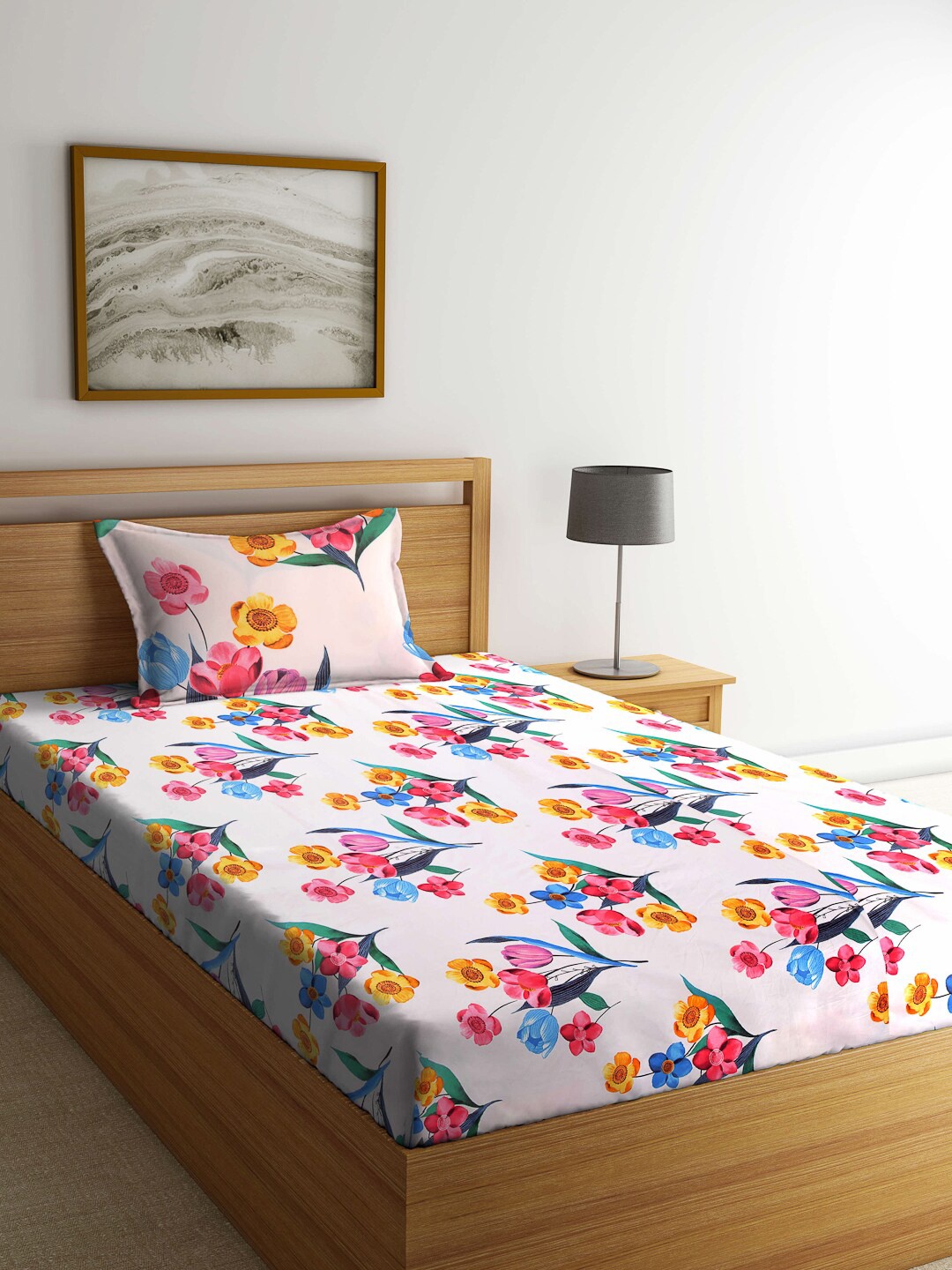 

Arrabi Pink & Blue Floral Printed 300 TC Cotton Single Bedsheet with 1 Pillow Cover
