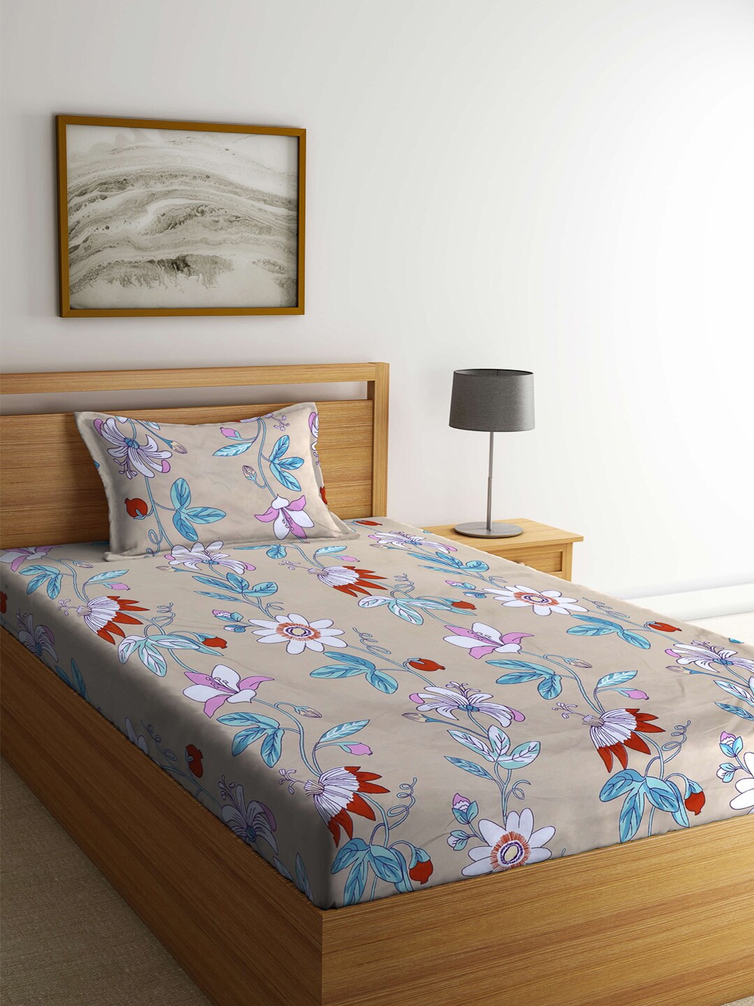 

Arrabi Brown And Blue 300 TC 130 GSM Floral Print Single Bedsheet With 1 Pillow Cover